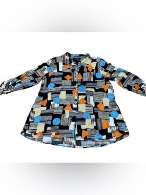 Ali Miles Geometric Print Button-Up Blouse in Black, Blue & Orange size large